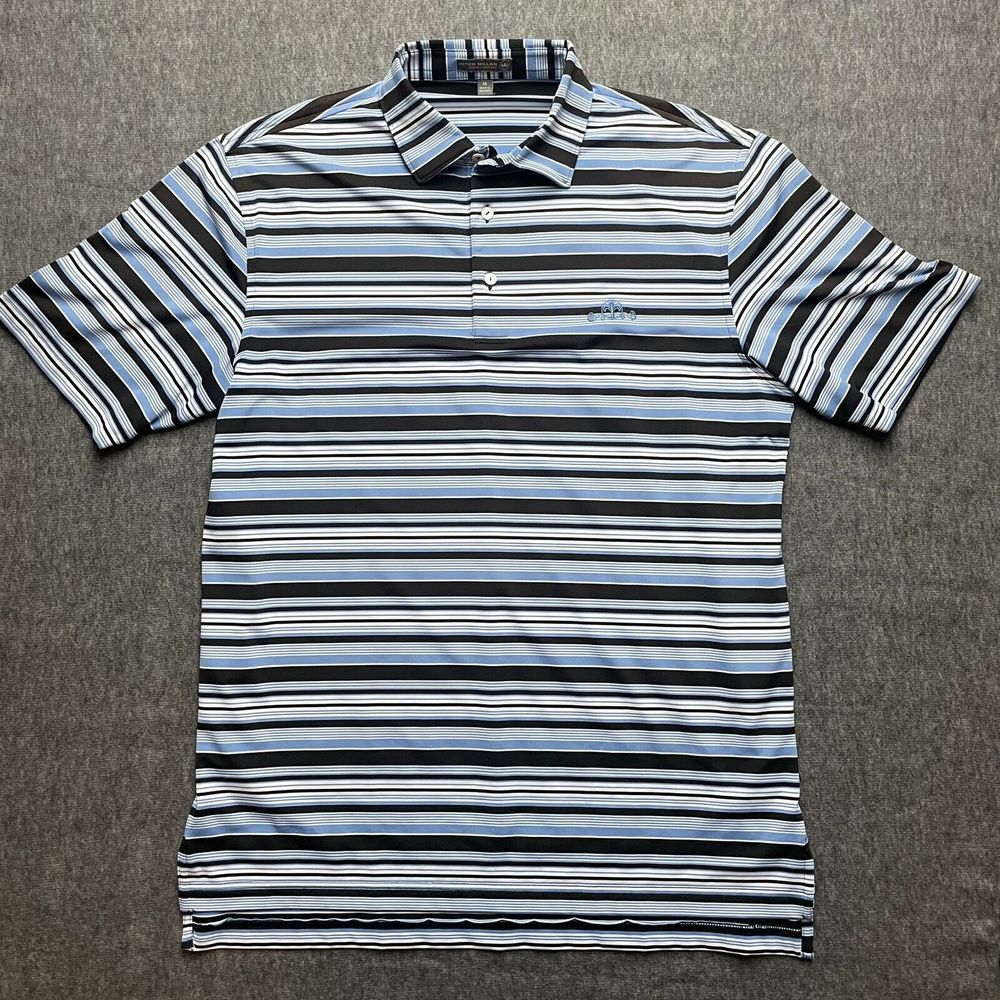 Peter Millar Summer Comfort Adult Medium Golf Shirt Black Blue Stripe Embroidery